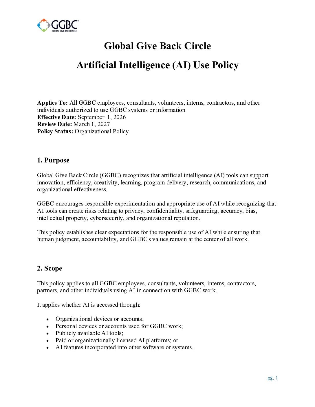 Global Give Back Circle AI Policy September 1 2026